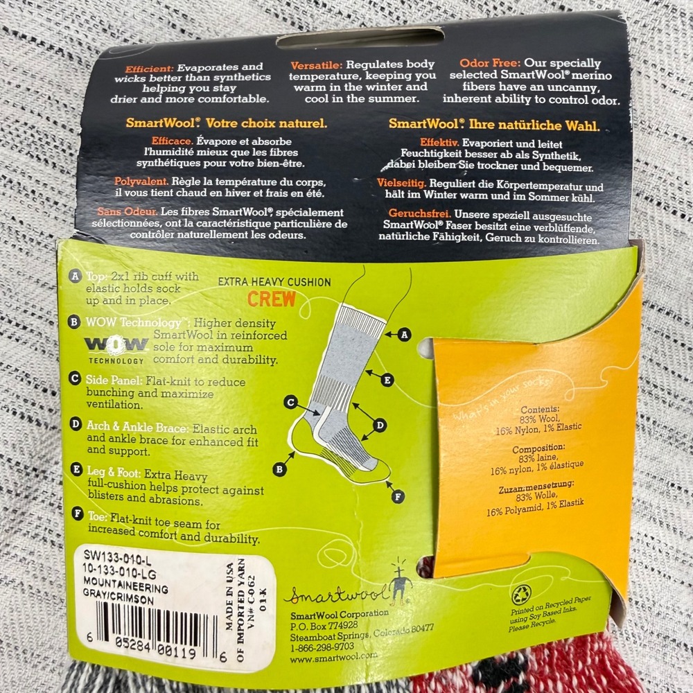 NEW Smartwool Men's Mountaineering Crew Socks Large Gray Red Extra Heavy Cushion - Picture 5 of 8